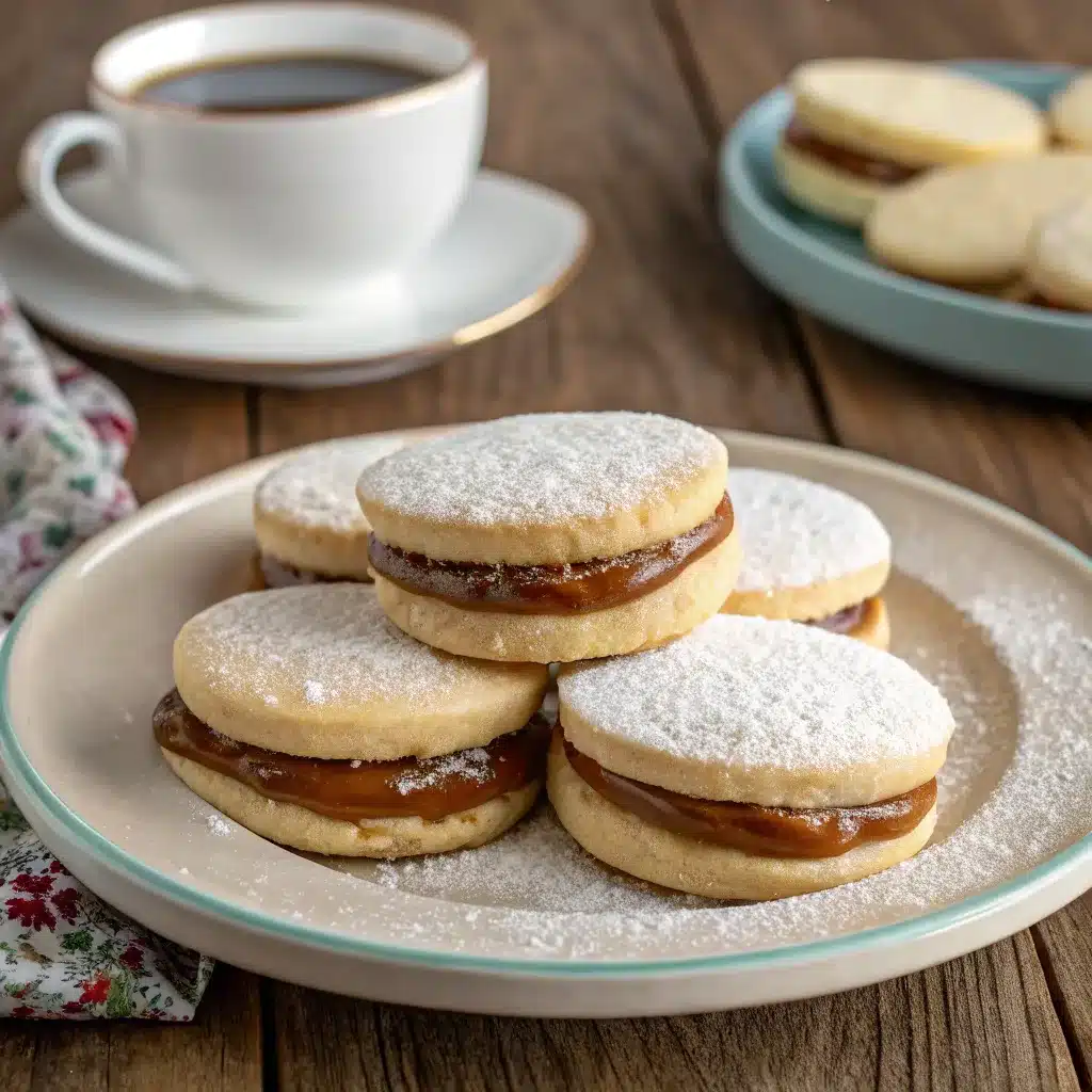 A plate of Dulce de Leche Alfajores filled with caramel, dusted with powdered sugar, next to a cup of coffee.