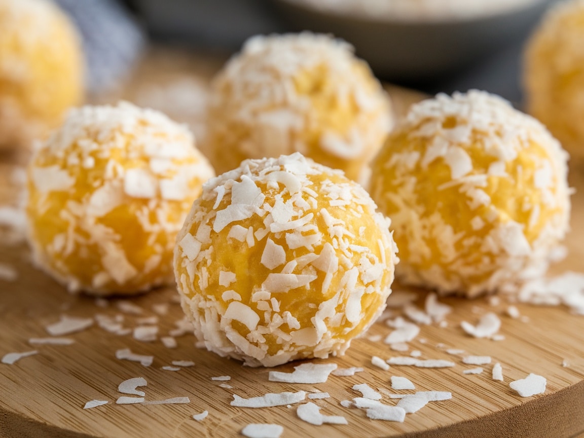 Close-up of lemon coconut energy bites rolled in coconut flakes on a wooden board.