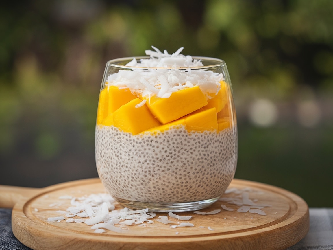 A glass of mango coconut chia pudding with mango chunks and shredded coconut on top.