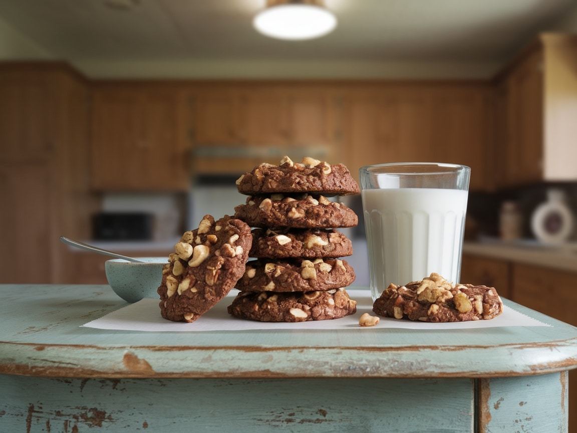 A stack of no-bake chocolate oatmeal cookies with a glass of milk on a table.