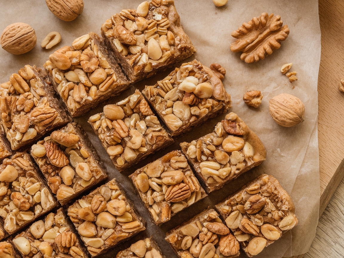 Delicious no-bake nutty granola bars with a variety of nuts on top.