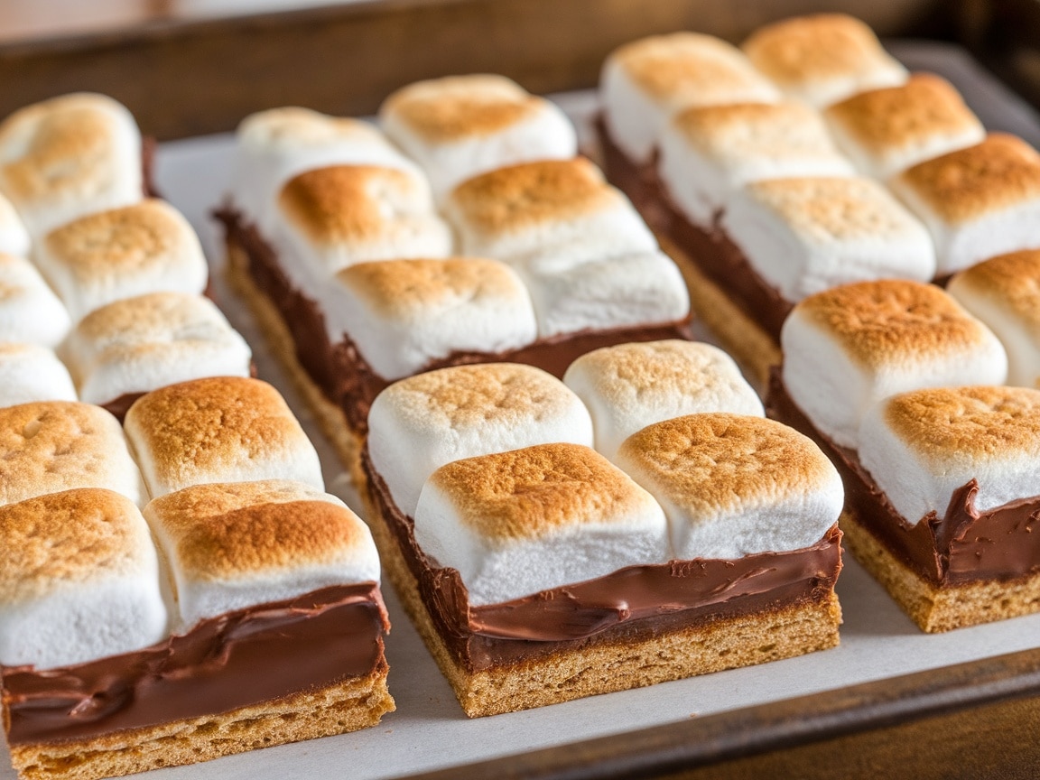 Delicious no-bake s'mores bars with toasted marshmallows on top.