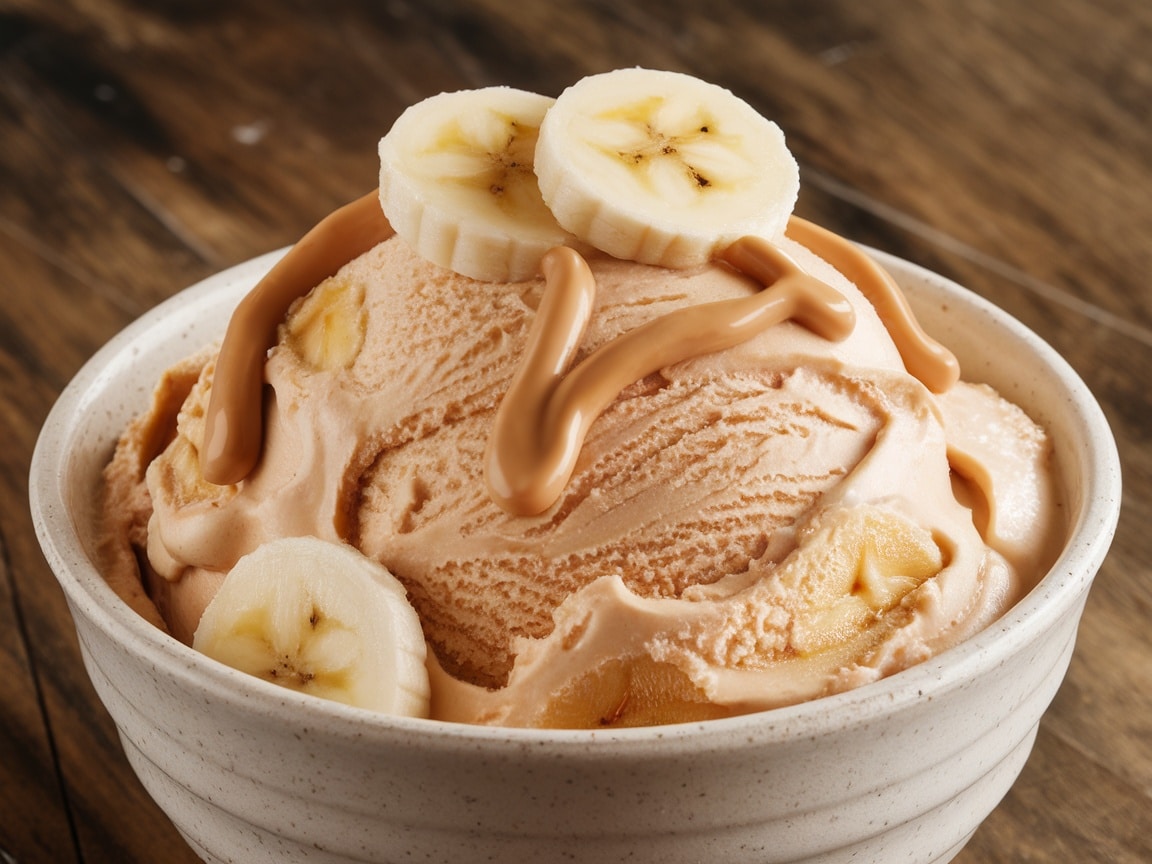 Bowl of Peanut Butter Banana Ice Cream topped with banana slices and peanut butter drizzle