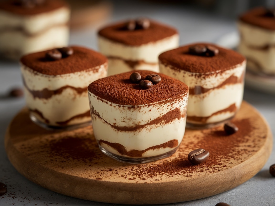 Five tiramisu cups beautifully arranged on a wooden platter, topped with cocoa powder and coffee beans.