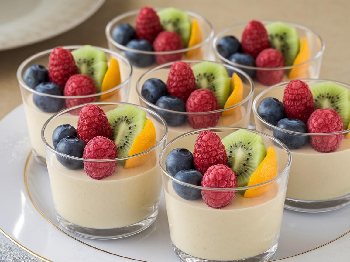 Vanilla pudding cups topped with fresh fruits including raspberries, blueberries, kiwi, and orange slices.