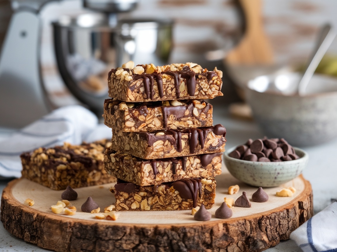 A stack of no-bake peanut butter chocolate chip granola bars with nuts, on a wooden board with chocolate chips.