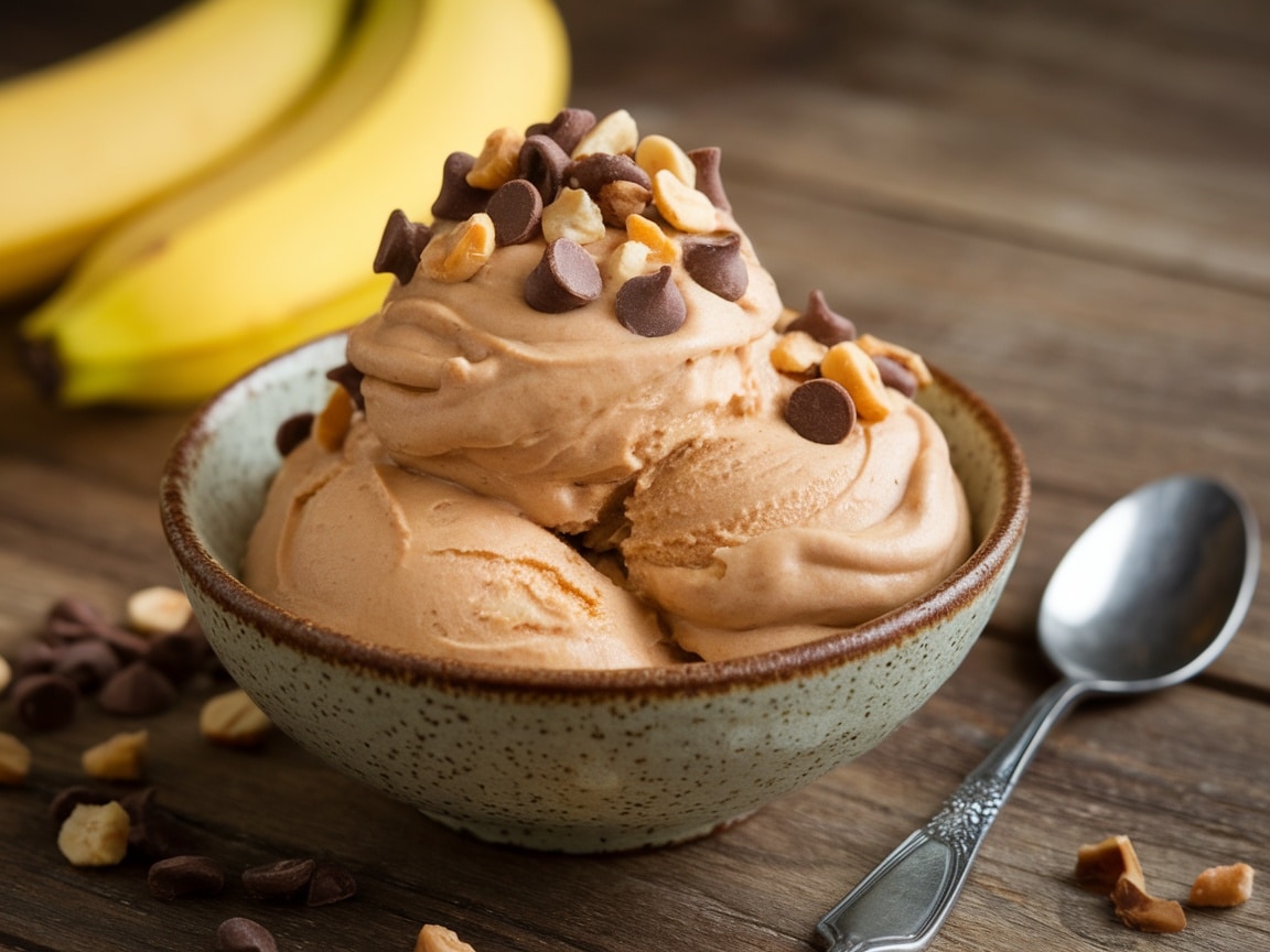 A bowl of creamy Peanut Butter Banana Nice Cream with chocolate chips and peanuts on a wooden table.