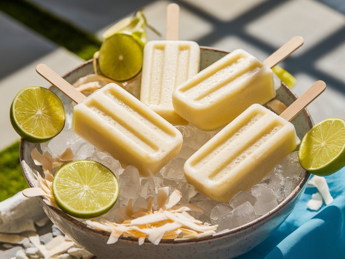 Coconut Lime Popsicles on ice with lime slices and shredded coconut, perfect summer dessert.