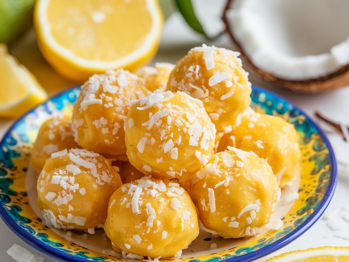 Plate of Lemon Coconut Energy Bites garnished with shredded coconut and lemon slices.