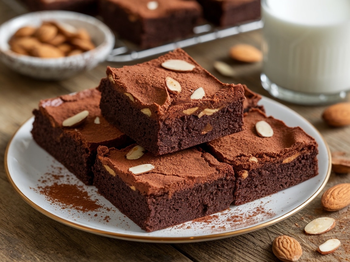 A delicious plate of fudgy almond flour brownies, garnished with cocoa powder and almond slices.