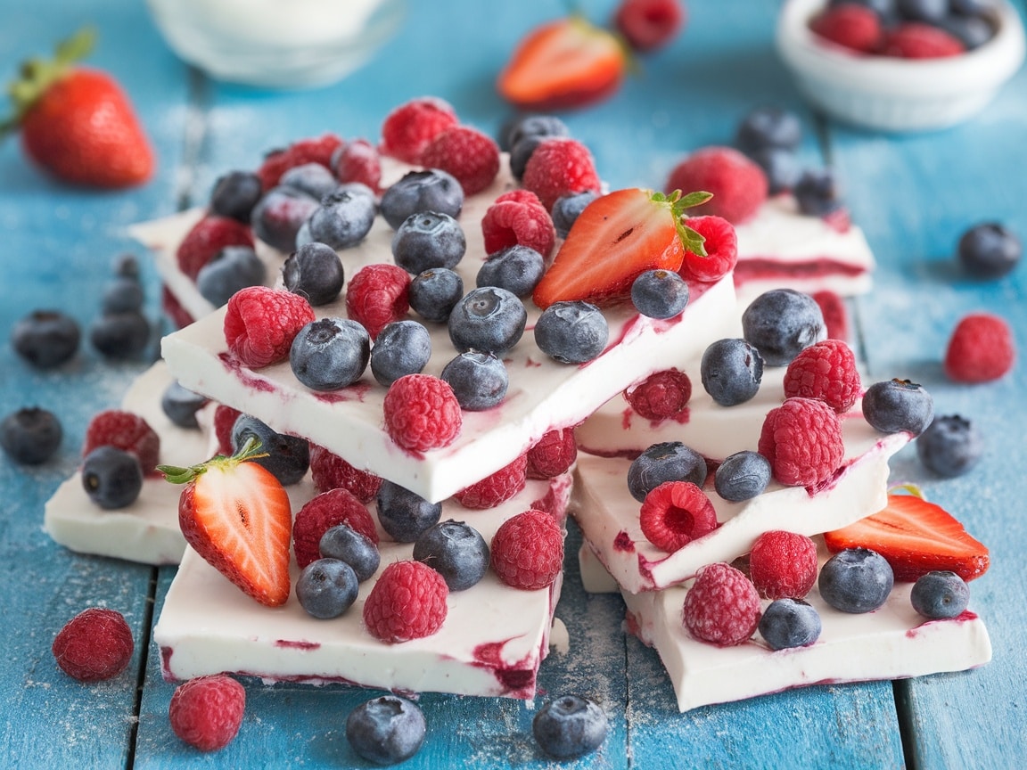 Frozen yogurt bark topped with mixed berries, arranged on a wooden table.