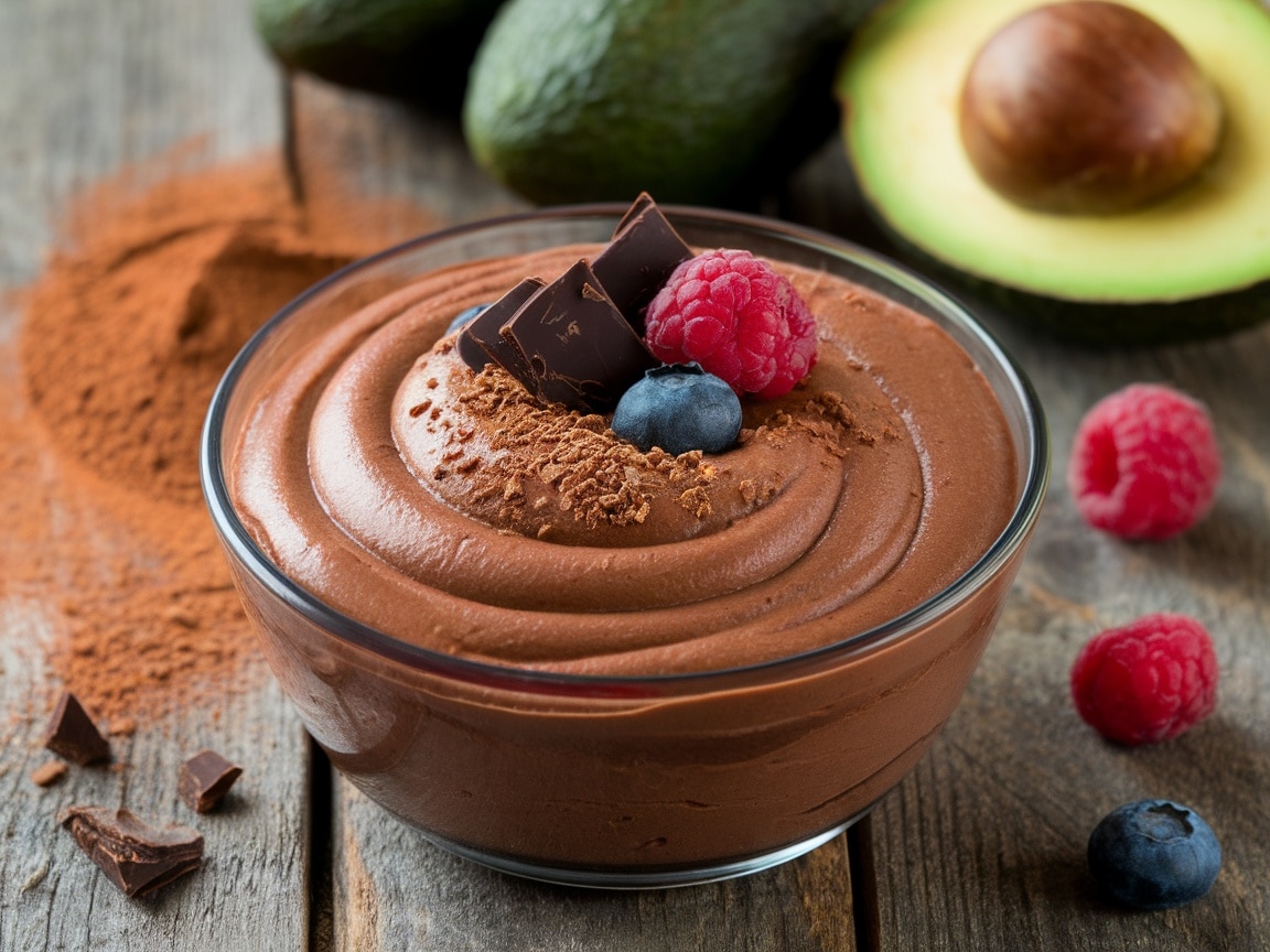 A bowl of creamy Chocolate Avocado Mousse decorated with chocolate shavings and berries on a wooden surface.