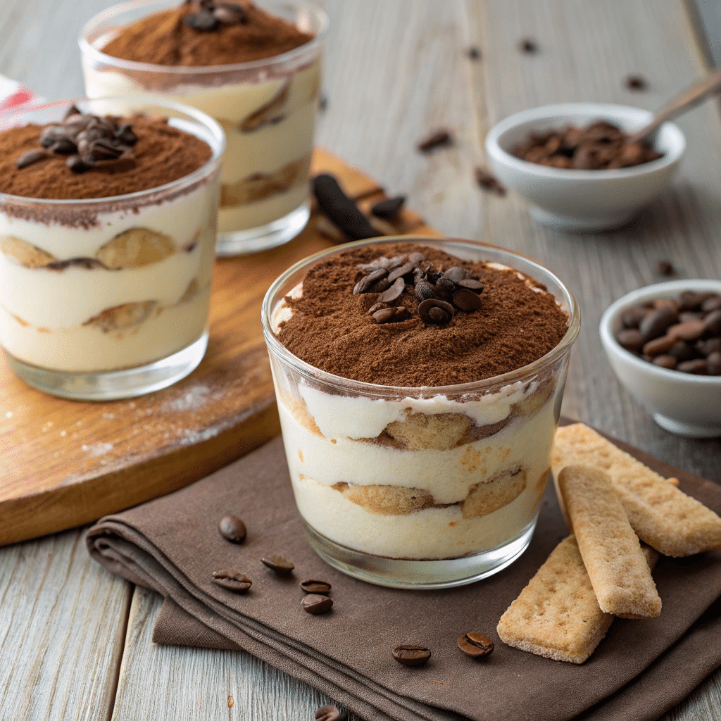 A beautiful presentation of Tiramisu Cups, showcasing layers of cream and coffee-soaked ladyfingers in clear glass cups. Each cup is dusted with cocoa powder and garnished with chocolate shavings, placed on a rustic wooden table. Soft lighting enhances the creamy texture and rich colors of the dessert, inviting viewers to indulge.