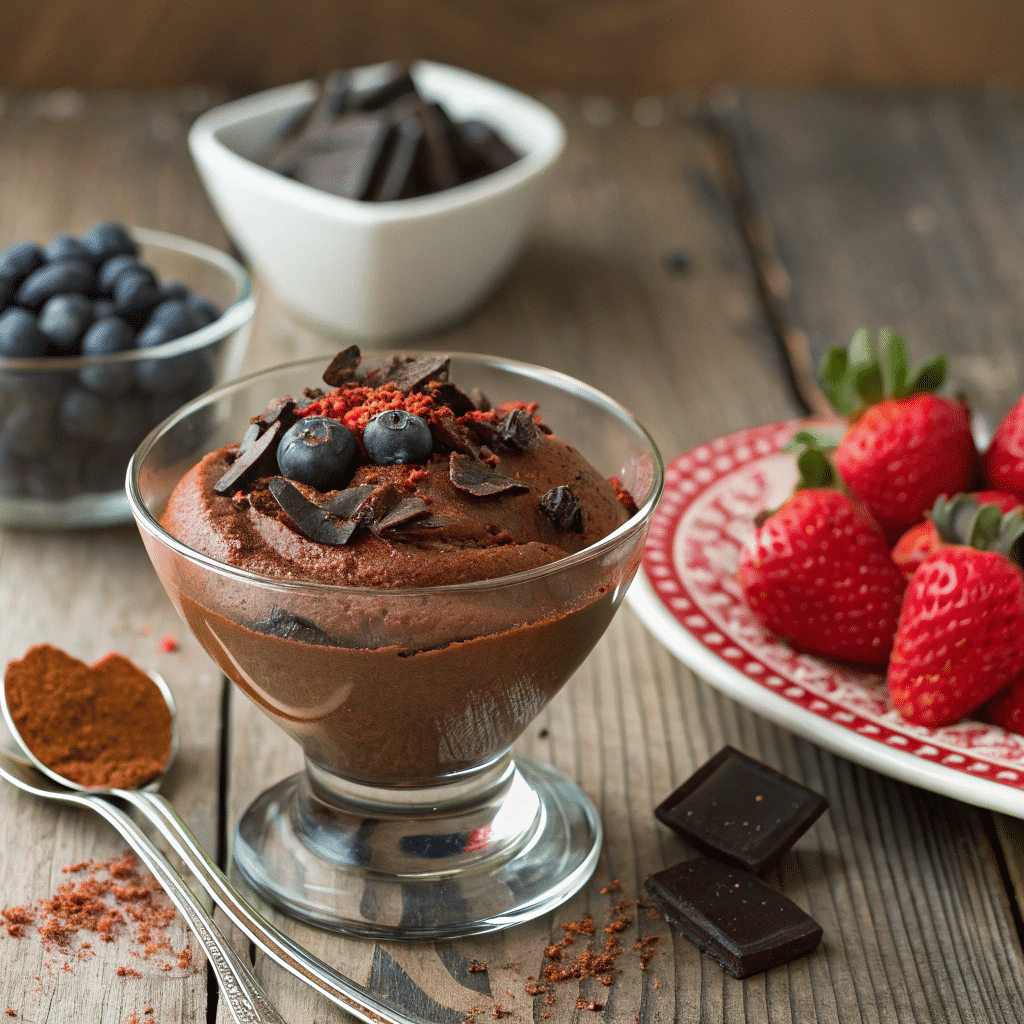 A rich and silky chocolate avocado mousse served in a delicate glass cup. The mousse is topped with dark chocolate shavings and a sprinkle of chili powder for an added kick. Fresh berries are placed beside the cup, and the background features a rustic wooden table, enhancing the warm and inviting feel of this decadent dessert.