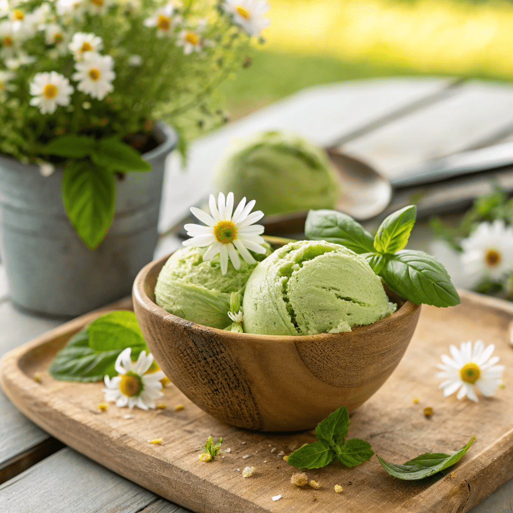 A scoop of vibrant green basil and chamomile ice cream served in a rustic wooden bowl. The ice cream is garnished with fresh basil leaves and chamomile flowers. In the background, there's a sunny outdoor garden setting with herbs and flowers, creating a fresh and inviting atmosphere.