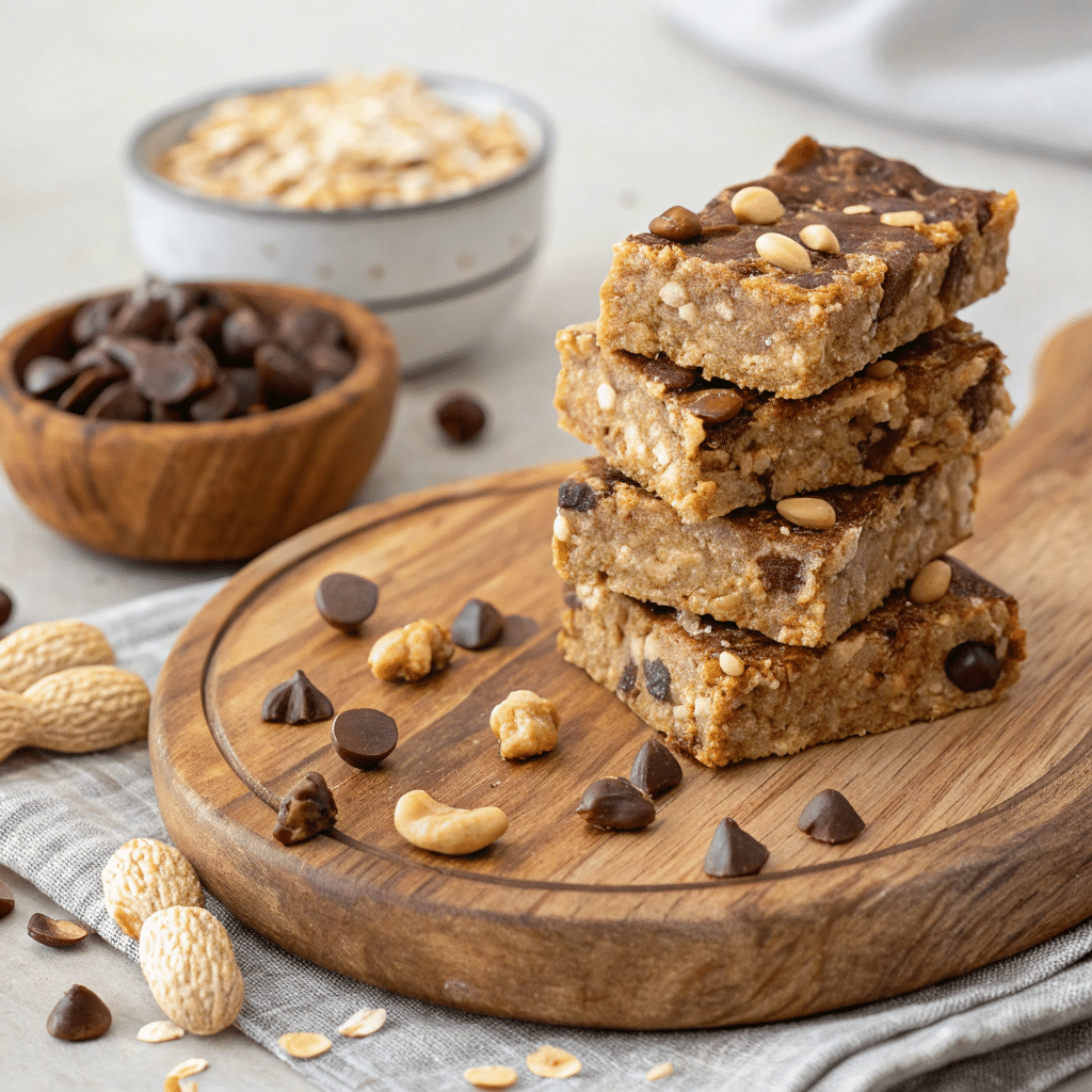 A stack of no-bake peanut butter chocolate chip granola bars with nuts, on a wooden board with chocolate chips.