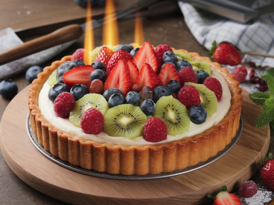 A freshly made fruit tart topped with various fruits and lit flames from a blowtorch.