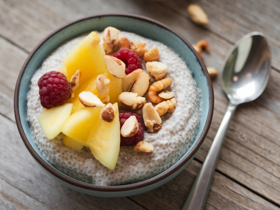 A bowl of coconut chia seed pudding topped with mango, kiwi, and almonds on a wooden surface