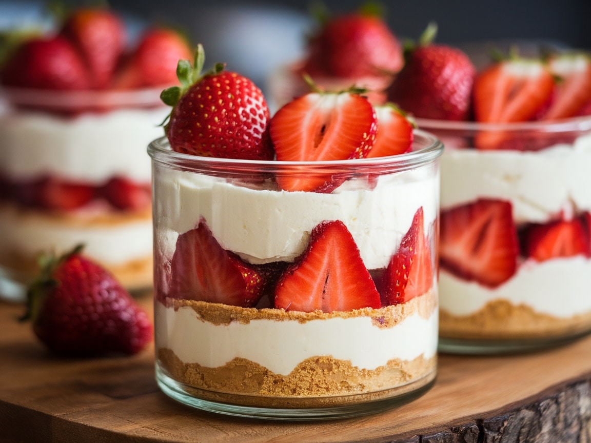 Deconstructed cheesecake jars with layers of cream cheese, graham cracker crumbs, and fresh strawberries.