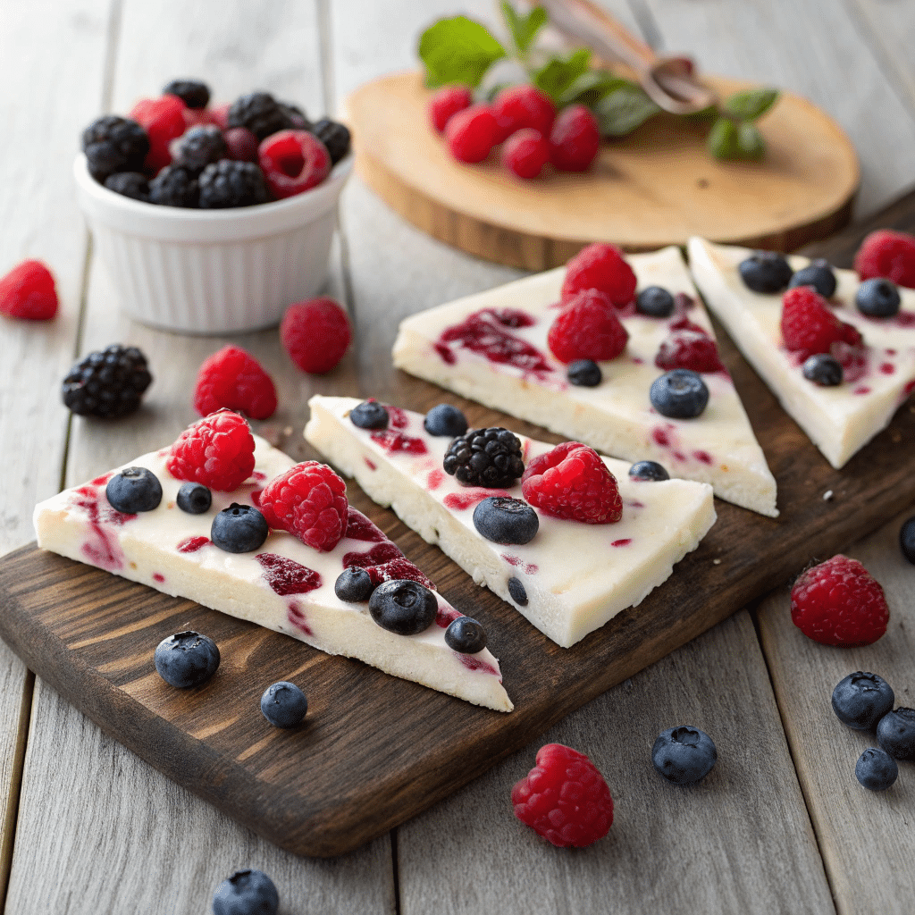 Frozen yogurt bark topped with mixed berries, arranged on a wooden table.