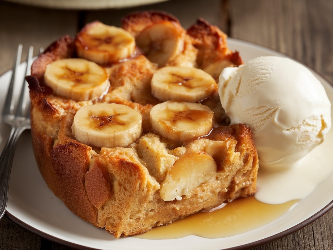 A warm slice of caramelized banana bread pudding topped with caramelized bananas and a scoop of vanilla ice cream on a rustic table.