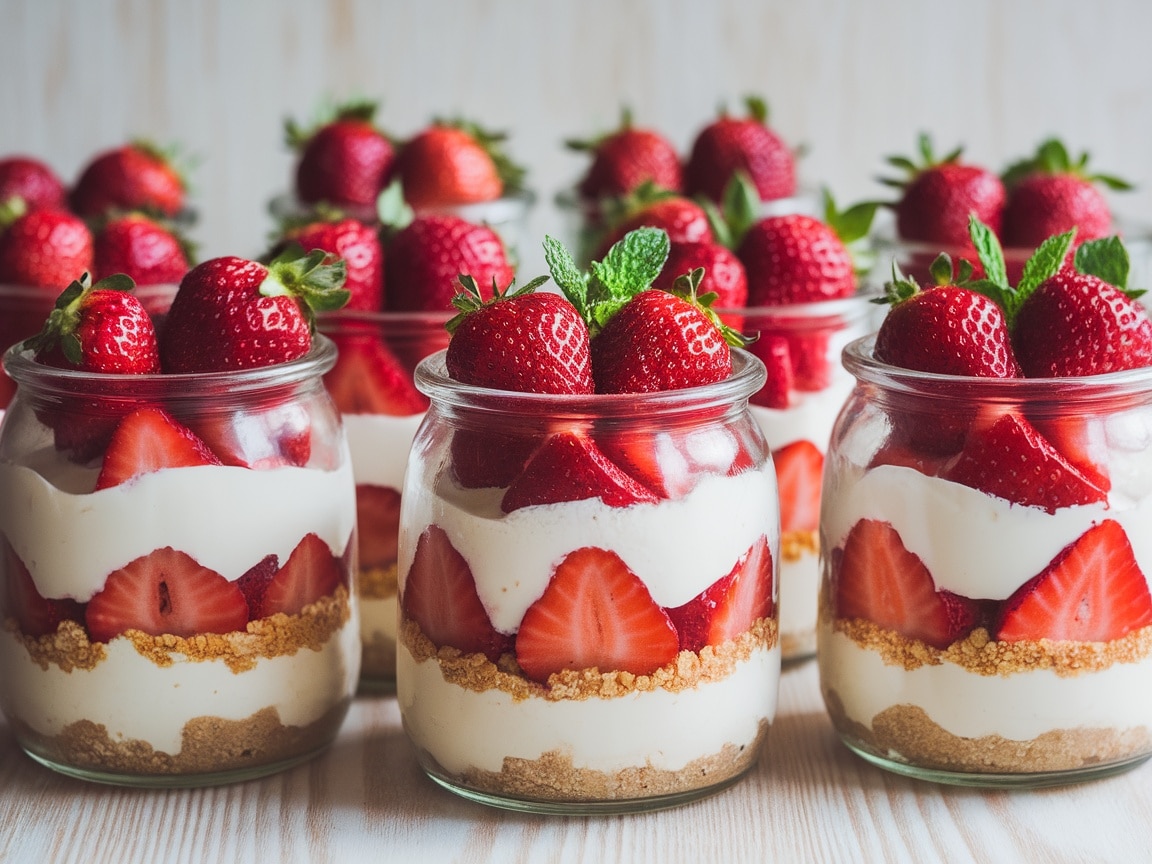 A collection of deconstructed cheesecake jars filled with layers of cream cheese, graham cracker crumbs, and topped with fresh strawberries. Each jar is garnished with a sprig of mint, set against a light wooden background that accentuates the vibrant colors of the strawberries. The image captures the inviting textures and the elegance of this delightful dessert.