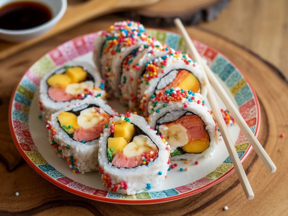 Sushi-inspired sweet rolls with banana and mango filling, garnished with sprinkles on a colorful plate.