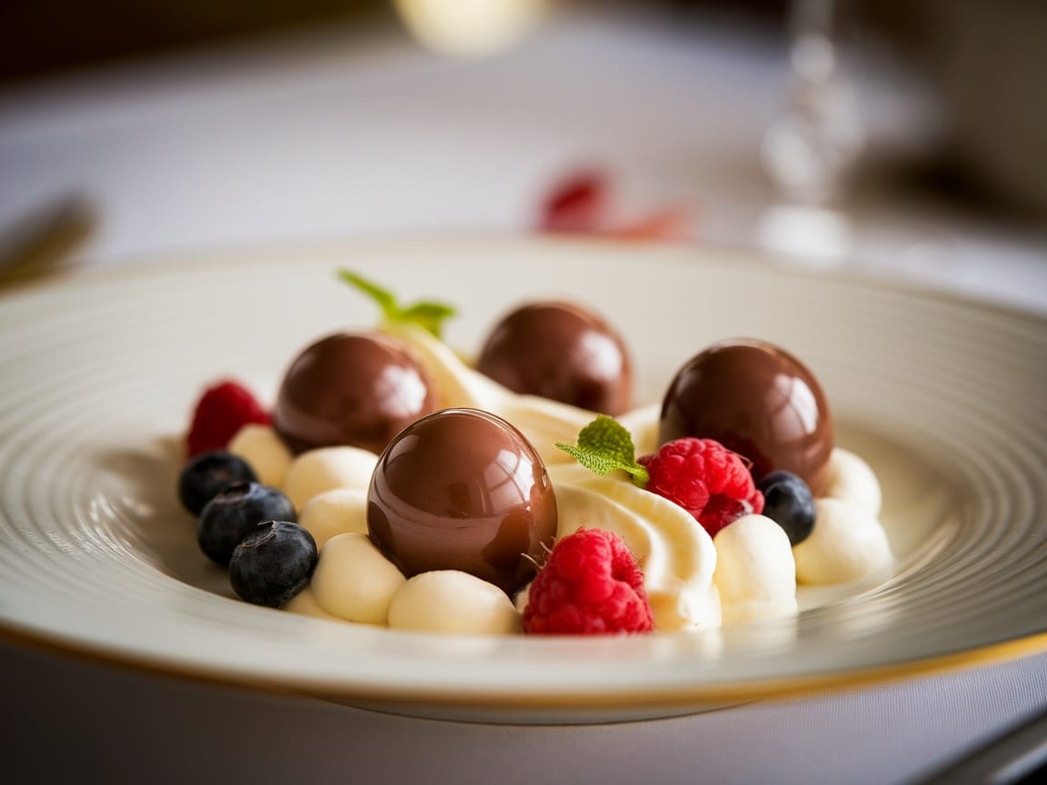 Molecular chocolate pearls on a dessert plate with vanilla cream and berries.