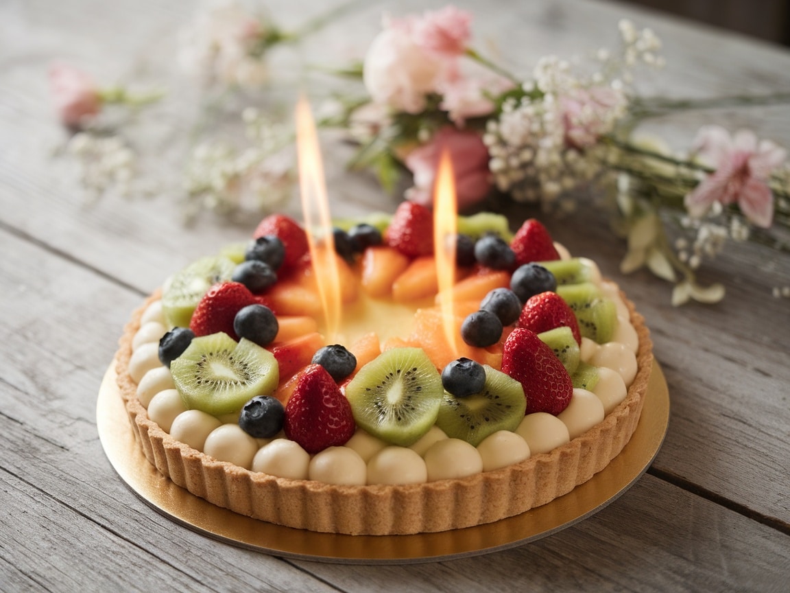 A blowtorched fruit tart with a caramelized custard filling and topped with assorted fresh fruits, displayed elegantly on a wooden table.