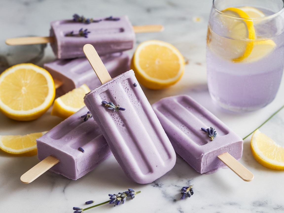 Lavender Lemonade Popsicles arranged on a marble surface, garnished with lavender flowers and lemon slices.