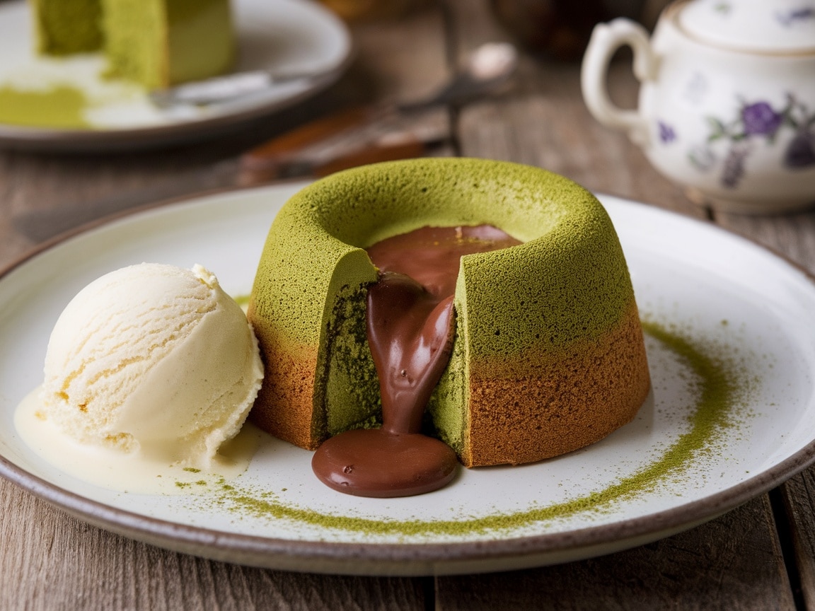 A matcha lava cake with a molten chocolate center, garnished with matcha powder and served with vanilla ice cream.