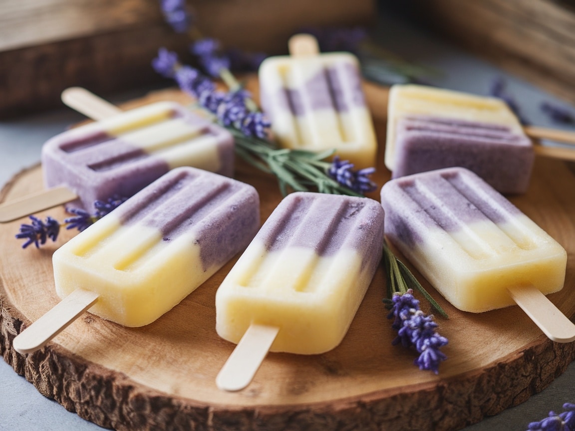 Lavender lemonade popsicles arranged on a wooden platter with fresh lavender flowers