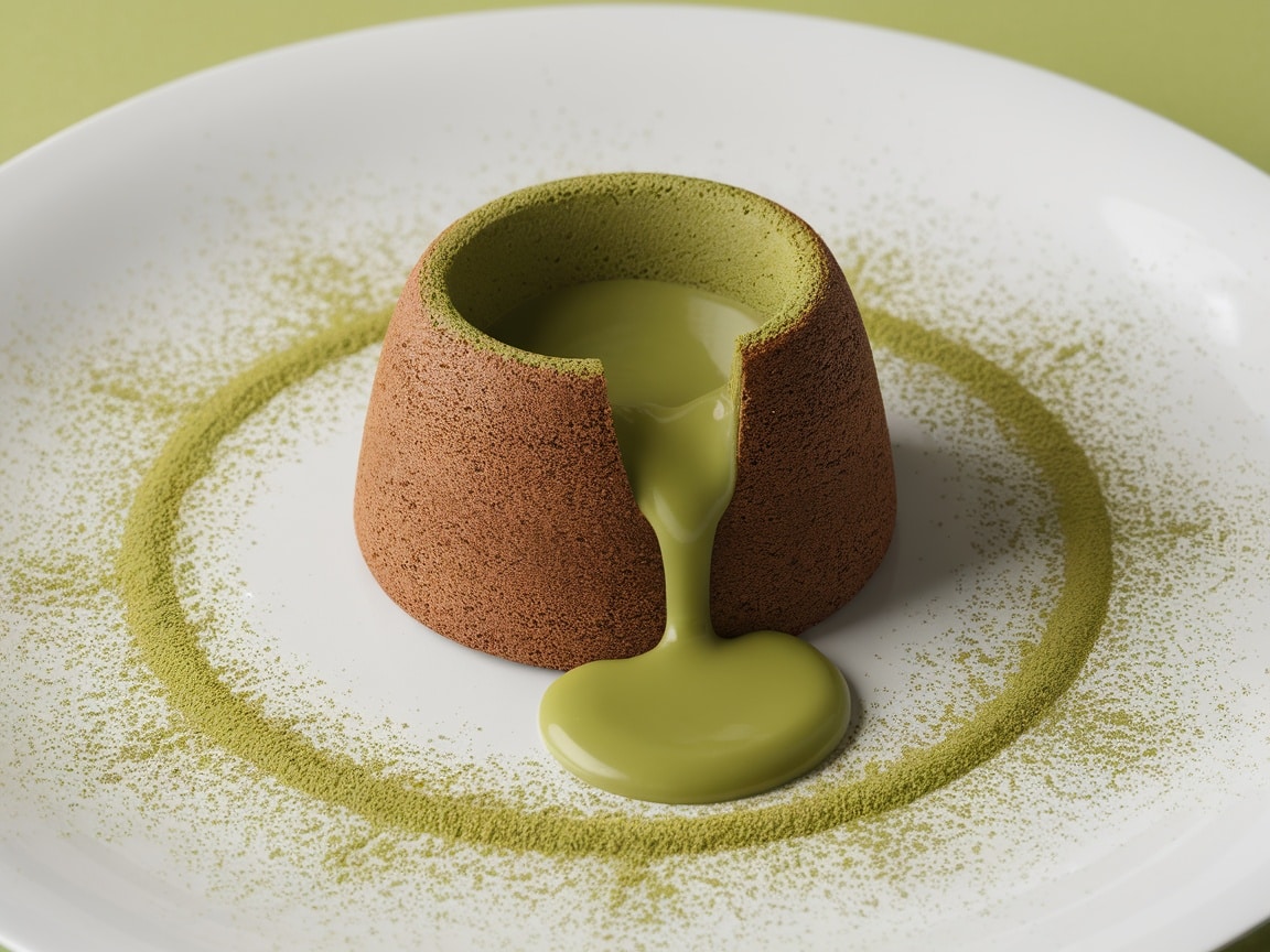 A matcha lava cake with a flowing green matcha filling, dusted with matcha powder.