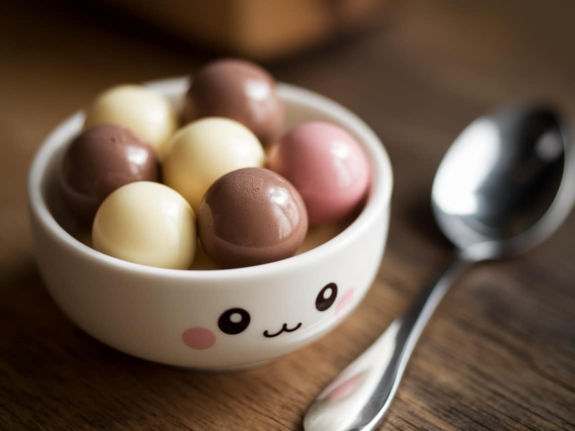 A bowl of colorful molecular chocolate pearls, showcasing different shades of chocolate, with a spoon resting beside it.