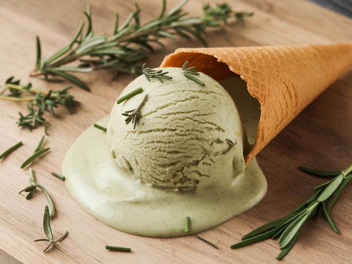 A cone of green herb ice cream with sprigs of fresh herbs around it on a wooden surface.