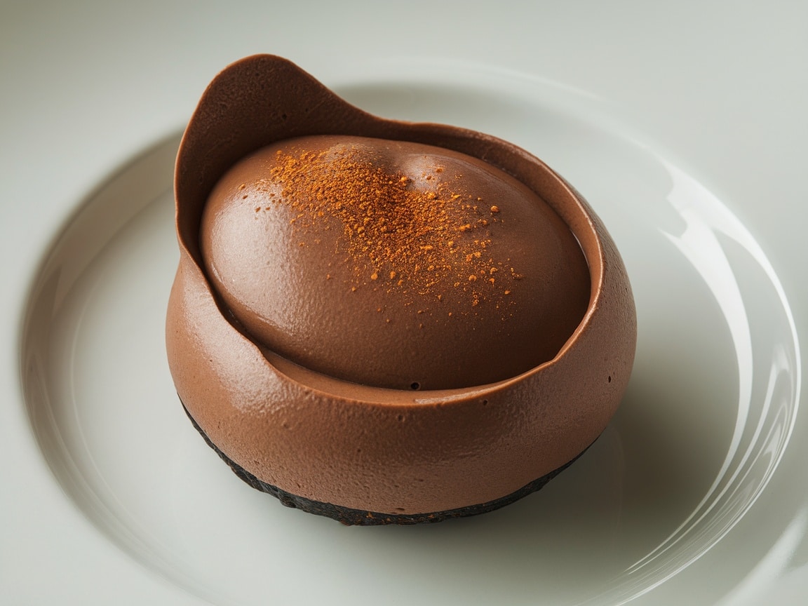 A beautifully plated spicy chocolate avocado mousse with a smooth chocolate exterior and a sprinkle of spice on top.