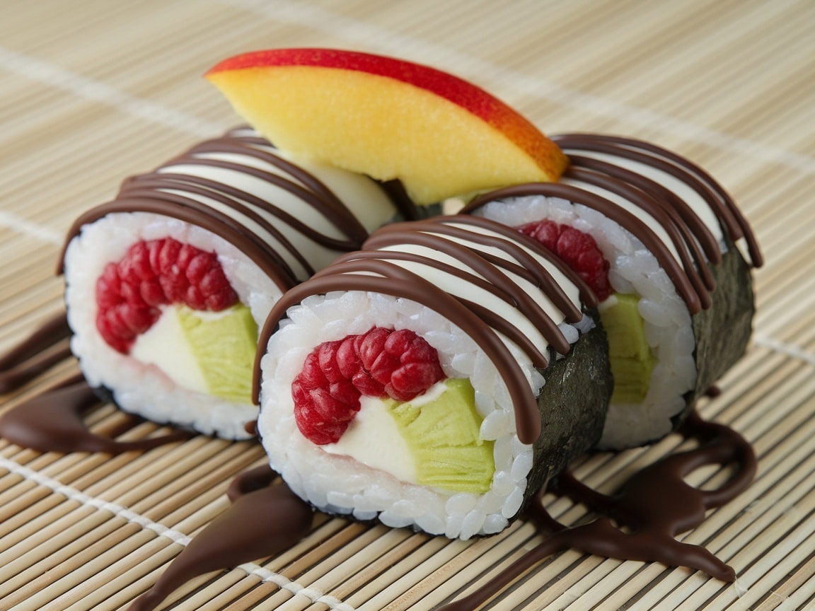 Three sushi-inspired sweet rolls with raspberries and apple slices, drizzled with chocolate