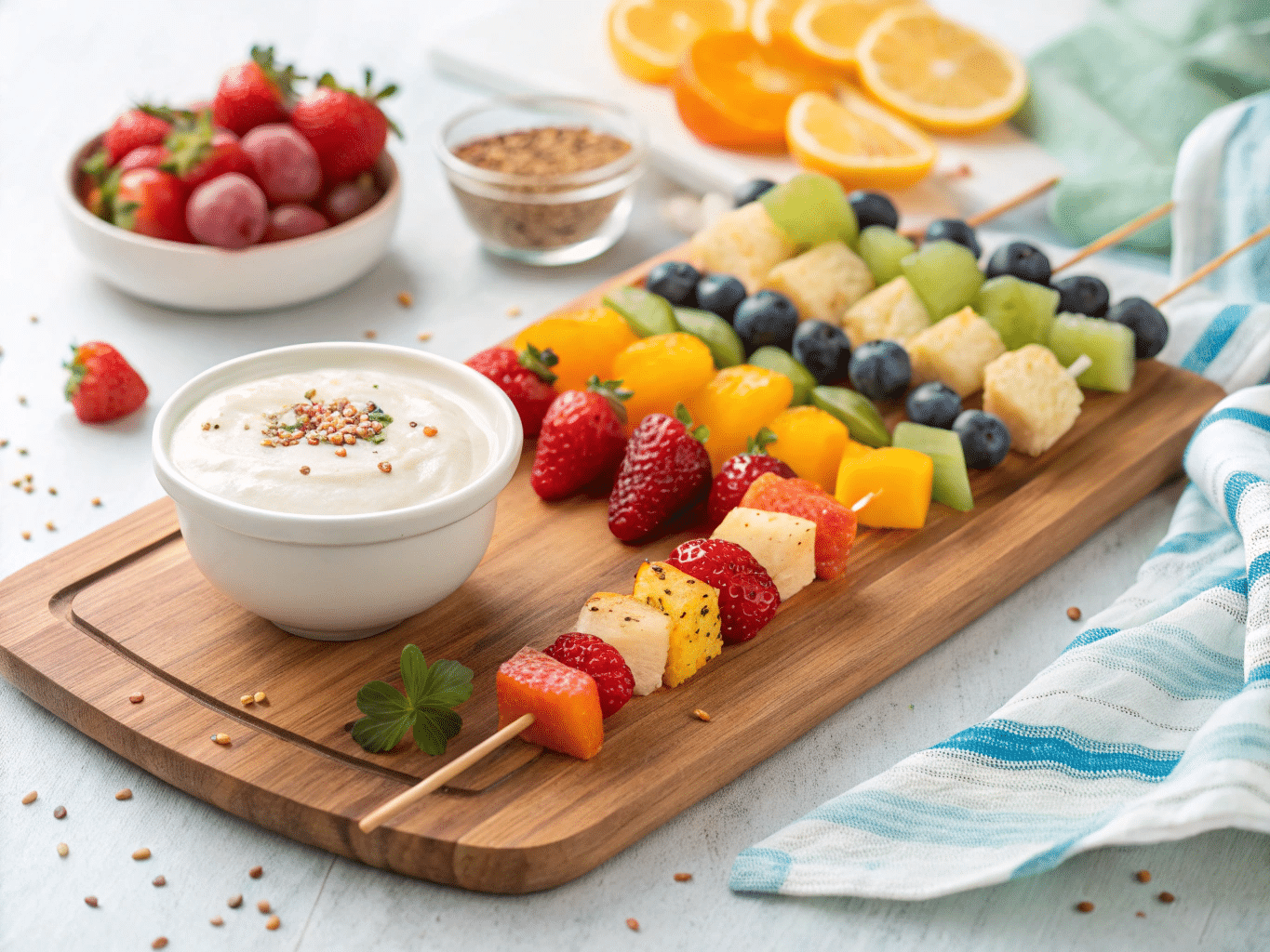 Rainbow Fruit Skewers With Yogurt Dip